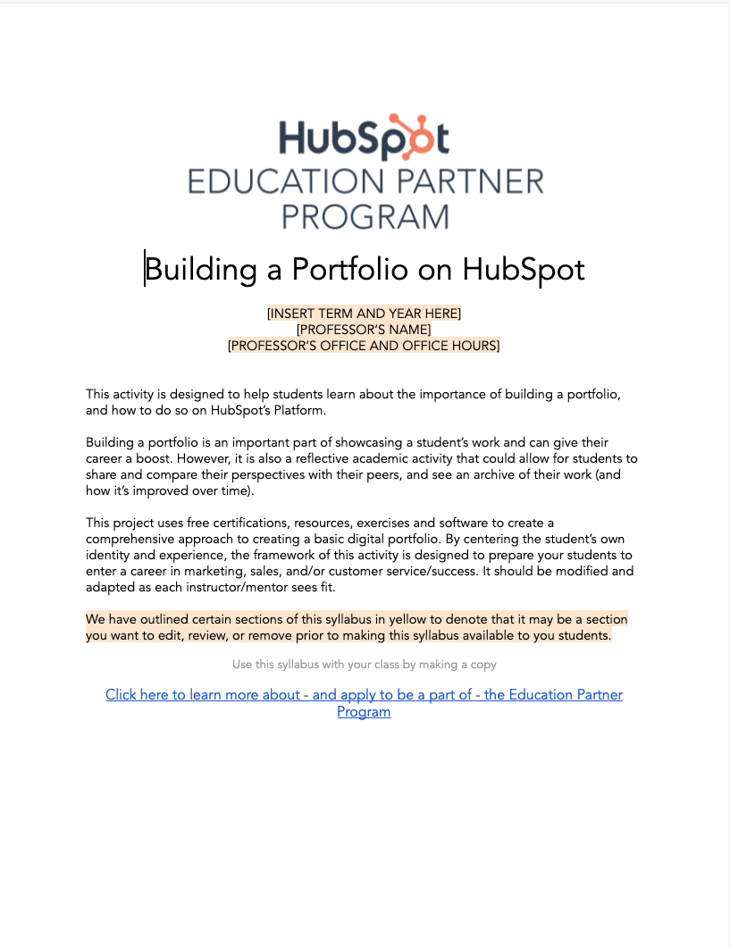 Student Portfolio Project Hubspot Education Partner Program HubSpot Academy